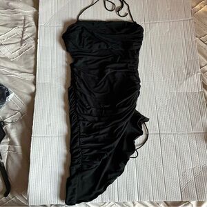 Size medium, black spaghetti strap ruched ruffled mini dress